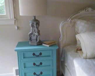 chalk paint cherub lamp w/linen barrel shade; set twin painted antique beds