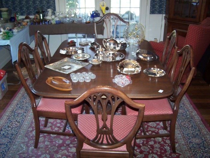 DINING SET, SILVER-PLATE SERVING PIECES, ORIENTAL-STYLE AREA RUG