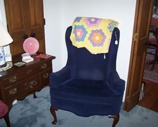 BLUE WING CHAIR, OLD QUILT & QUEEN ANNE-STYLE LOWBOY