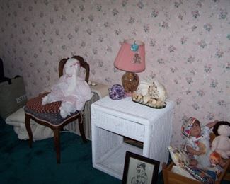 DOLLS, WICKER STAND, ANTIQUE SIDE CHAIR & MORE