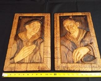 Lot of 2 Carved Wood Portraits by Alaves Emiliano D Virgala