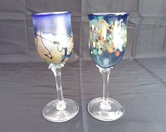 Lot of 2 Signed Art Glass Wine Goblets