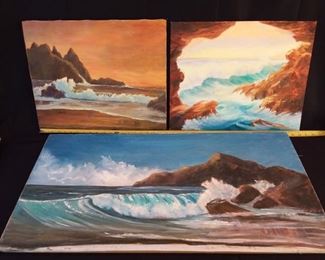 Lot of 3 Student Paintings of the Seashore
