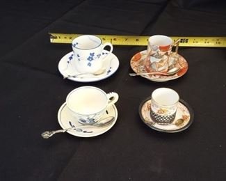 Lot of 4 Assorted Espresso Cups with Spoons and Saucers