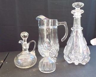 Lot of 4 Crystal Pieces Carafe Water Pitcher Cruets with Stoppers