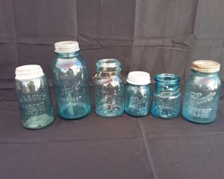 Lot of 6 Antique Blue Glass Mason Jars