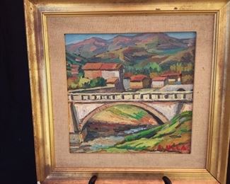 Original Painting Small Town with Bridge by Artist E Ulla