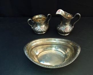 Sterling Silver Creamer and Sugar and Dainty Filigree Bowl