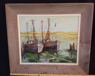 Vintage Original Painting of Sailboats in Port with Fisherman by California MidCentury Artist M Phillips