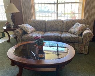 Sofa, Glass Top Coffee Table, End Tables, Lamp