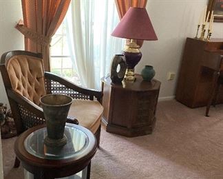 Cane Side Tufted Barrel Chair, Glass Mini Curio, Vases, Lamp, End Table, Baldwin/Howard Piano, Brass Candlesticks/Candles