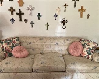 Sofa, Throw Pillows, Lamp, Assorted Crosses and Crucifixes 