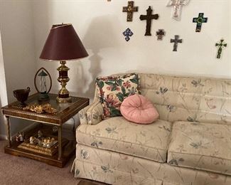 Sofa, Throw Pillows, End Table, Lamp, Assorted Crosses and Crucifixes 