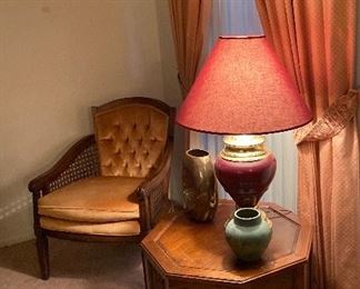 Cane Side Tufted Barrel Chair, Vases, Lamp, End Table
