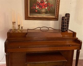 Baldwin/Howard Console Piano, Brass Candlesticks, Vases, Signed by C Johnson Floral Still Life Oil Painting on Canvas Poppies
