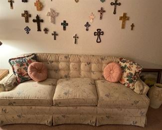 Sofa, Throw Pillows, End Table, Lamp, Assorted Crosses and Crucifixes 