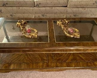 Glass Top Coffee Table, Sconces Syroco
