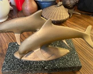 Brass Sculpted Dolphins on Marble Base