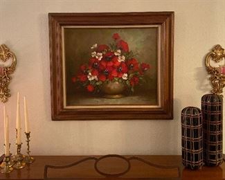 Signed by C Johnson Floral Still Life Oil Painting on Canvas Poppies, Syroco Sconces, Brass Candlesticks, Bladwin/Howard Console Piano, Heavy Weighted Vases