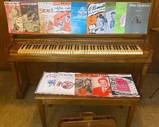 Kimball Upright Piano, (Circa late 1930s)
And lots of sheet music 