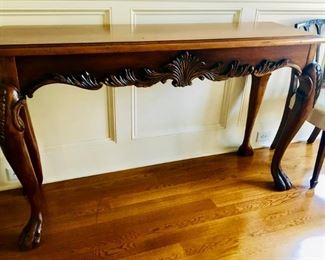 MAHOGANY BUFFET TABLE FROM ENGLAND, REPRODUCTION, LOVELY ORNATE DETAILS, 56L X 20D X 34H