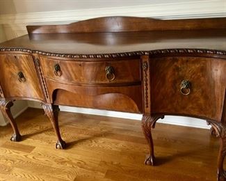ANTIQUE SIDEBOARD FROM ENGLAND WITH ORNATE DETAIL & CLAW AND BALL FEET, 72W X 25D X 36 H