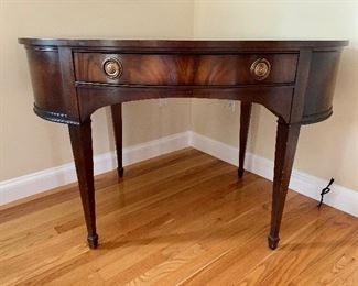 Oval Ethan Allen Ladies Writing Desk, 1-drawer with bookshelf on opposite side.