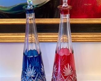 Cobalt and Ruby, cut to clear, decanters