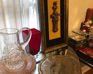 Pink depression glass and a cut glass water pitcher