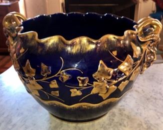 19th century cobalt blue jardinière with gold accents. 