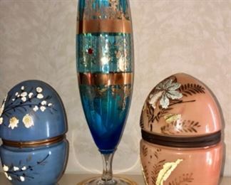 Moser teal blue optic Crystal vase with gold accents, pink and blue hinged egg caddy’s with complete brandy set in each.  