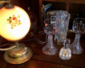 small Victorian electric lamp, rummers, small vases