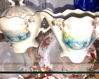 antique swan china sugar and creamer 