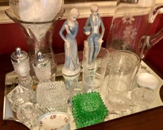 collection of antique salt cellars.  Optic glass etched glasses, vase and pitcher.   