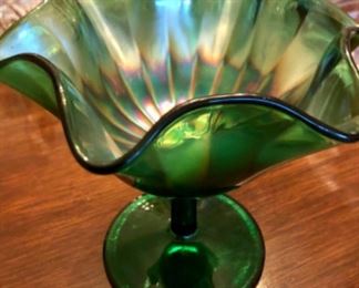 Emerald green carnival glass compote 