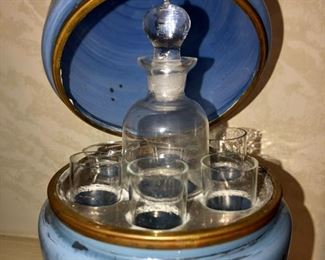antique blown glass brass Blue painted egg decanter liquor tantalus shot set Bar