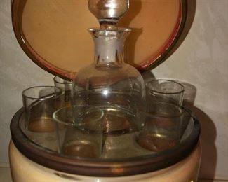 antique blown glass brass Pink painted egg decanter liquor tantalus shot set Bar