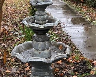 asian themed concrete fountain, new pump is located in garage, there is also a smaller fountain and lots of yard/patio items.  