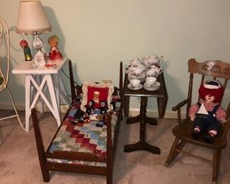 1920 walnut pencil post doll-bed and old collectible toys