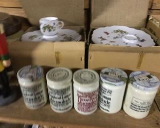 Marmalade jars and luncheon plates with cups.