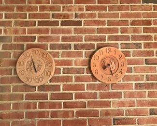Outdoor thermometer and clock.