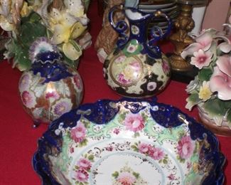 Imari type bowl, milk pitcher and vase