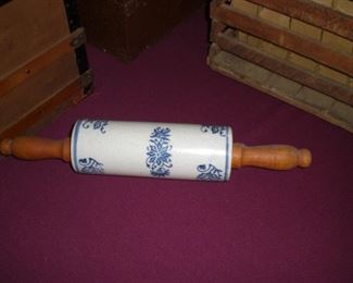blue and white stoneware rolling pin