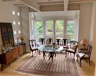 Bronze Cherub Base Dining Table with Round Glass Top, Dining Chairs