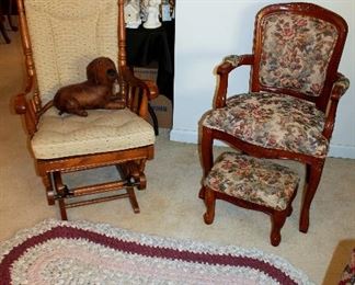 Glider rocker, armchair with footstool, oval rug