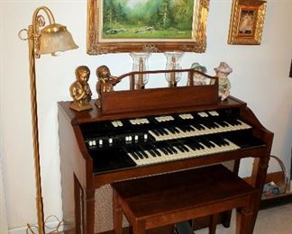 Hammond electric organ, brass floor lamp