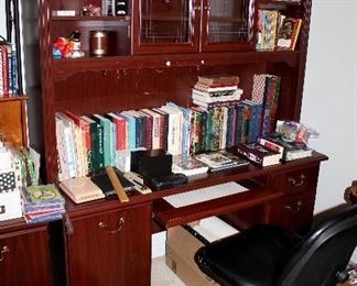 Computer desk, office items, books