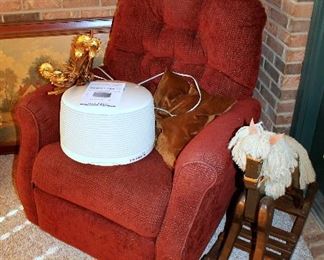 Upholstered recliner chair, rocking horse