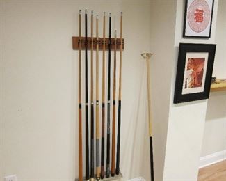 Pool rack and cues.