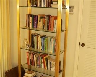 7' Brass book case lit w/glass shelves